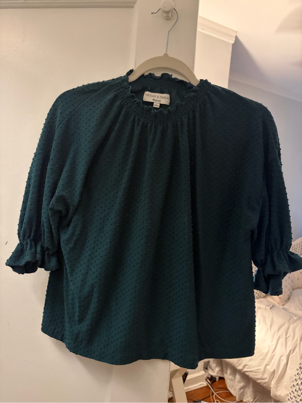 Forest Green Swiss Dot Ruffle Neck Work Blouse